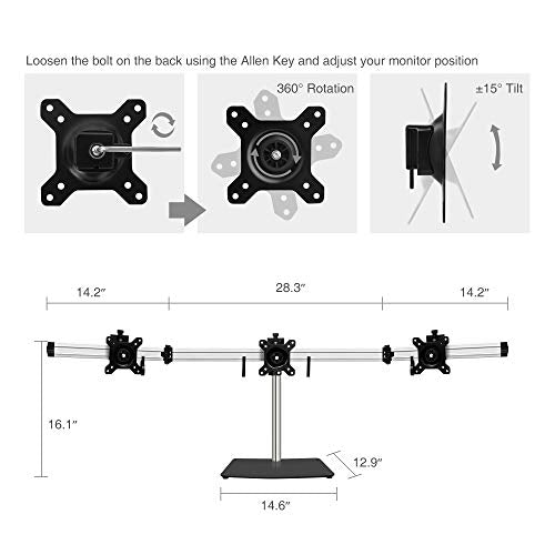 SIIG Premium Aluminum Triple Monitor Stand - Adjustable Height 3 Monitors 13" to 27" 17.6 lbs Each VESA 75 and 100 Compatible Full Motion (CE-MT2111-S1)