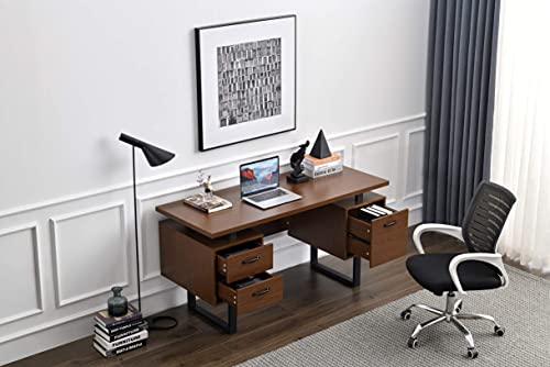 Computer Home Office Desk with 3 Drawers and File Folder Storage 59'' Writing Study Table with Stable Metal Base Walnut