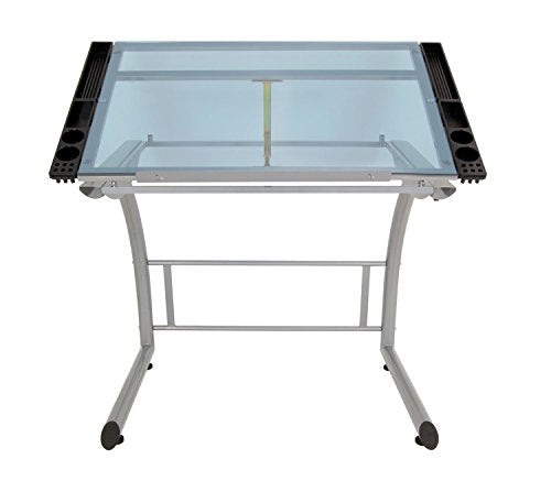 Offex Home Triflex Drawing Table, Sit to Stand Up Desk, Silver/Blue Glass
