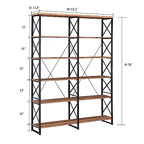 O&K FURNITURE Industrial Double Wide 6-Shelf Bookcase, 76" H - Vintage Brown