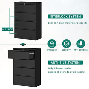 YITAHOME 4 Drawer Metal Lateral Filing Cabinet with Lock, Black - Legal/Letter A4 Size