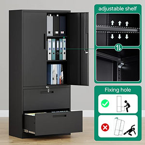 Letaya Metal File Cabinet with Lock, 2 Drawers, Adjustable Shelves - Black