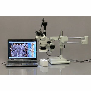AmScope SM-4T-80S-M Digital Professional Trinocular Stereo Zoom Microscope, WH10x Eyepieces, 7X-45X Magnification, 0.7X-4.5X Zoom Objective, 80-Bulb LED Ring Light, Double-Arm Boom Stand, 90V-265V, Includes 1.3MP Camera with Reduction Lens and Software