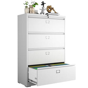 VIYET Lateral File Cabinet with Lock, 4 Drawer Metal Filing Cabinet - White