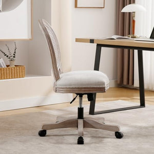 LukeAlon Rattan Back Linen Office Chair with Adjustable Height and Swivel Function