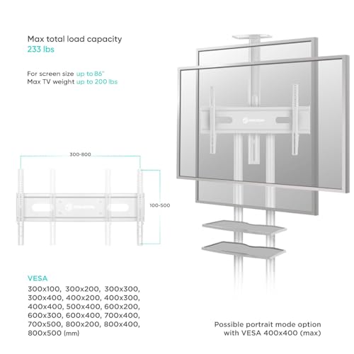 ONKRON Mobile TV Stand for 50" - 86" TVs up to 200 lbs - Adjustable Portable - White