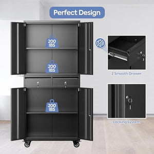 GLADIW Metal Storage Cabinet with Wheels, 2 Drawers, 2 Adjustable Shelves