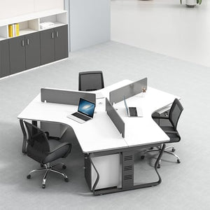 KAGUYASU Modern White Office Desk with Cabinet, 3-Person Business Workstation