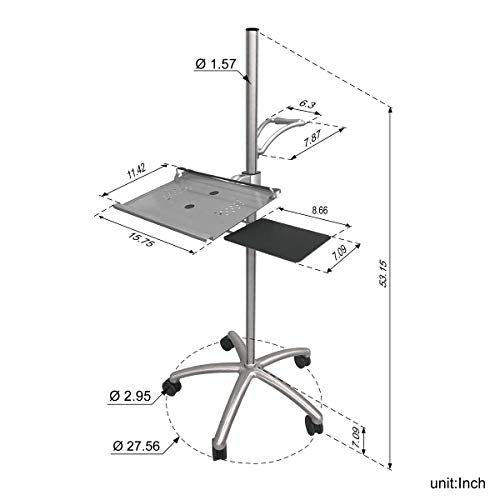 Aluminum Mobile Laptop Cart on Wheels, Height Adjustable Rolling Laptop Stand with Mouse Tray, Mobile Computer Workstation for Home, Office, School and Hospital