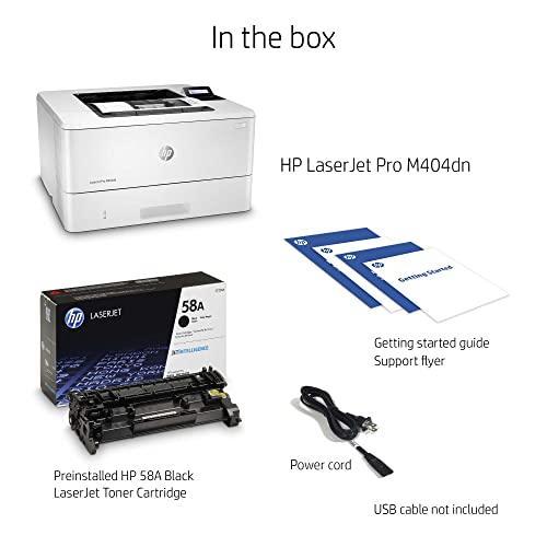 (Renewed) HP Laserjet Pro M404 dn Wired Black and White Monochrome Laser Printer with Built-in Ethernet, White - Print only - 2-line LCD, 40 ppm, Auto 2-Sided Printing, 8.5 x 14