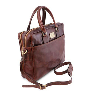 Tuscany Leather Urbino Leather laptop briefcase 2 compartments with front pocket - TL141894 (Dark Brown)