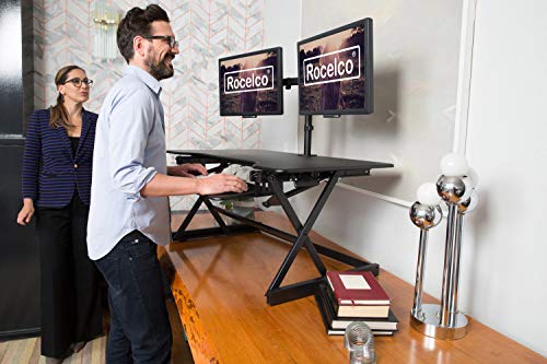 Rocelco 40" Large Height Adjustable Standing Desk Converter with Dual Monitor Mount Bundle - Quick Sit Stand Up Computer Workstation Riser - Retractable Keyboard Tray - Black (R DADRB-40-DM2)