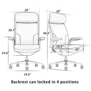 FURIJING Genuine Leather High Back Office Chair with Aluminum Swivel Base - Black