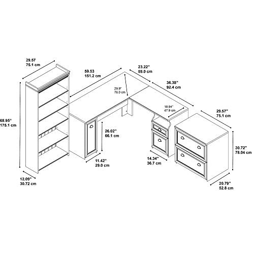 Bush Furniture Fairview L Shaped Desk with Bookcase and Lateral File Cabinet in Antique White