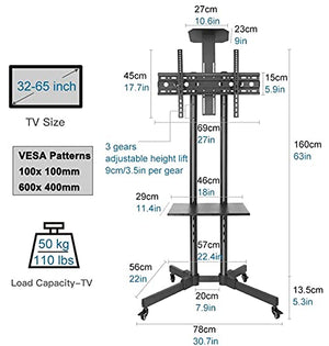YokIma Universal Mobile TV Cart, 32-65 Inch Floor Stand with AV & Laptop Shelf, Height Adjustable, 110lbs Capacity