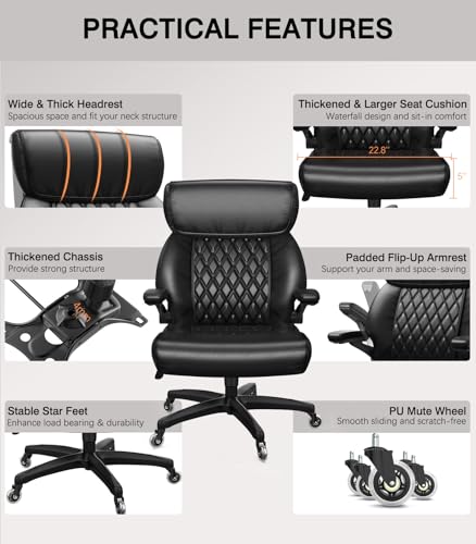 Raynesys Big and Tall Office Chair 500lbs Capacity, High Back Executive Chair with Armrests, Wide Seat, Ergonomic Bonded Leather, Black