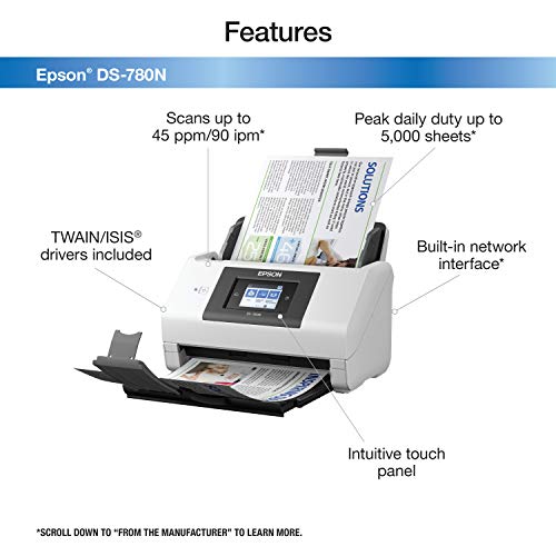 Epson DS-780N Network Color Document Scanner for PC and Mac, 100-page Auto Document Feeder (ADF), Duplex Scanning
