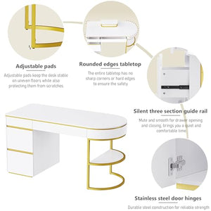 Merax 60'' Modern Executive Home Writing Curved Computer Desk with Metal Legs, 3-Drawers, and Storage Cabinet - White+Gold