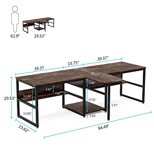 Tribesigns 94.5 inch Two Person Desk with Storage Shelves, Extra Long Computer Desk with Priter Shelf, Double Workstation Office Desk Study Writing Desk with Bookshelf for Home Office (Rustic Brown)