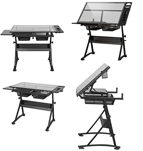 CYYTLFSD Glass Drafting Table Art Desk with Drawers and Chair