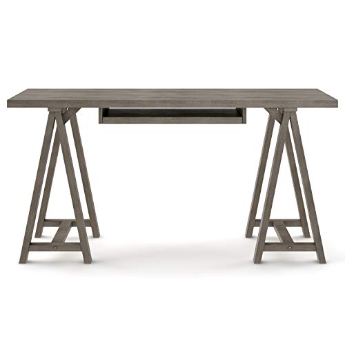 SIMPLIHOME Sawhorse SOLID WOOD Modern Industrial 60 inch Wide Home Office Desk, Writing Table, Workstation, Study Table Furniture in Farmhouse Grey