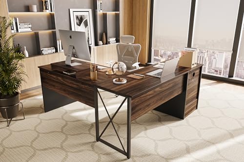 Bestier L Shaped Desk with File Drawer and Reversible Storage Drawers, Walnut, 55'' x 55''