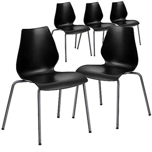 Flash Furniture Stack Chair 5 Pack - 770 lb. Capacity, Black with Lumbar Support and Silver Frame