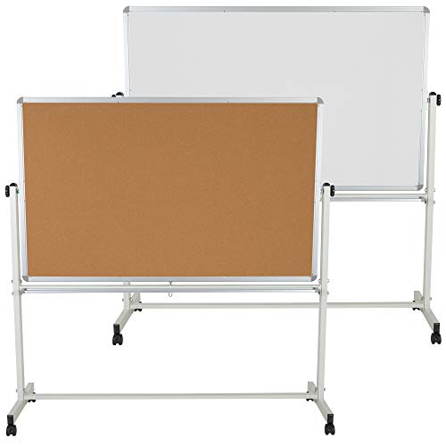 F&F Furniture Group 64.75” Reversible Mobile Cork Bulletin Board and White Board with Pen Tray