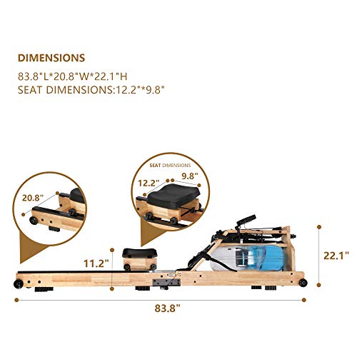 LUCYKERMORE Oak Wood Water Rowing Machine for Home Use with Adjustable Pedal Exercise Equipment for Whole Body Cardio Training, 330 lbs