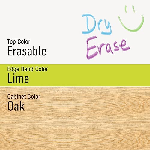 Diversified Woodcrafts Mobile Collaboration School Workstation, 60"x60"x30", Wave Design, Open Storage, Erasable Top, Lime Edge, Solid Oak