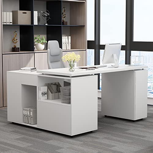Homsee L-Shaped Corner Computer Desk with Storage, White