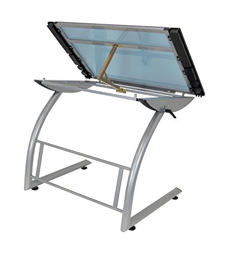 Offex Home Triflex Drawing Table, Sit to Stand Up Desk, Silver/Blue Glass