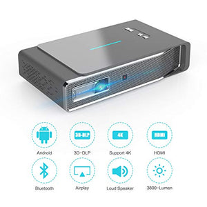 TOUMEI Video Projector, 3D DLP 1080P HD, 3800 Lumens, Wireless Screen Share for iOS iPhone iPad Android Bluetooth 4.0 Keystone Correction, HDMI/TF/USB, No Built-in battrery, with Free 3D Glasses