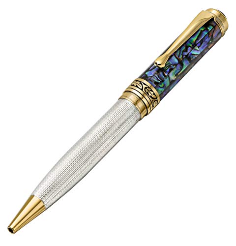 Xezo Maestro Solid 925 Sterling Silver Blue Paua Sea Shell Luxury Ballpoint Pen. No Two Alike, Serialized. 18k Gold Plated (Maestro 925 Sea Shell B)