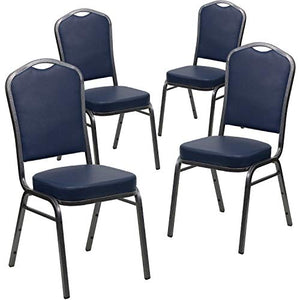 BizChair 4 Pack Crown Back Stacking Banquet Chair Navy Vinyl Silver Vein Frame