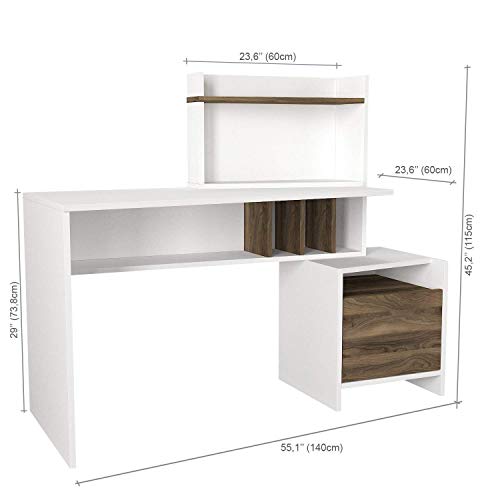 MAKENZA Vertigo Office Desk Modern Living Room Furniture with Adjustable Shelves & One Hidden Cabinet, Writing Workstation Table Compatible for Home, Office Study (White-Walnut)
