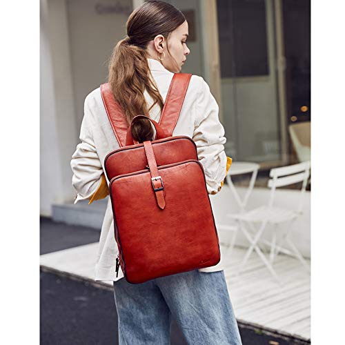 Womens Backpack Purse Vegetable Tanned Full Grain Leather 15.6 Inch Laptop Travel Business Vintage Large Shoulder Bag Reddish Brown