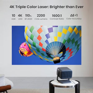 JmGO Ultra 4K Triple Laser Projector with 360° Freestyle Gimbal, Blu-Ray 3D, 2200 CVIA Lumen, HDR 10, Android TV 11, 10W*2 Dynaudio Speakers, Keystone Correction - Smart Portable Theater
