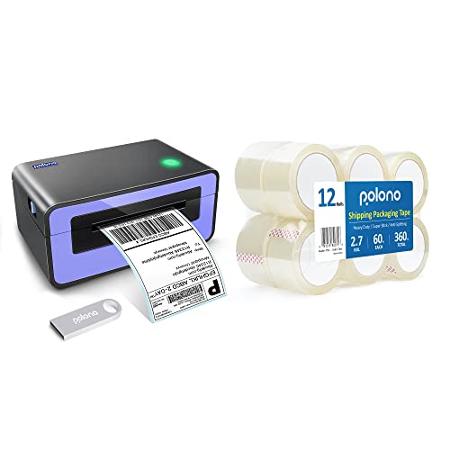 POLONO Label Printer - 150mm/s 4x6 Thermal Label Printer, POLONO Packing Tape, 2.7 mil, 1.88" x 60 Yards, Total 720Y, 3" Core, 12 Rolls, Compatible with Amazon, Ebay, Etsy, Shopify and FedEx