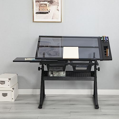 TRIPLE TREE Drafting Table Art Desk for Adults and Artists, Tempered Glass Drawing Table with Height Adjustment and Storage