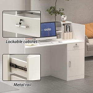 AIEGLE Reception Counter Desk with Adjustable Shelf & Lockable Drawers, White (55.1" L x 23.6" W x 43.3" H)