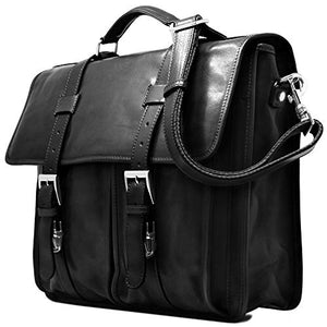 Floto Firenze Leather Buckle Strap Briefcase Messenger Bag - 1 Gusset (Black)