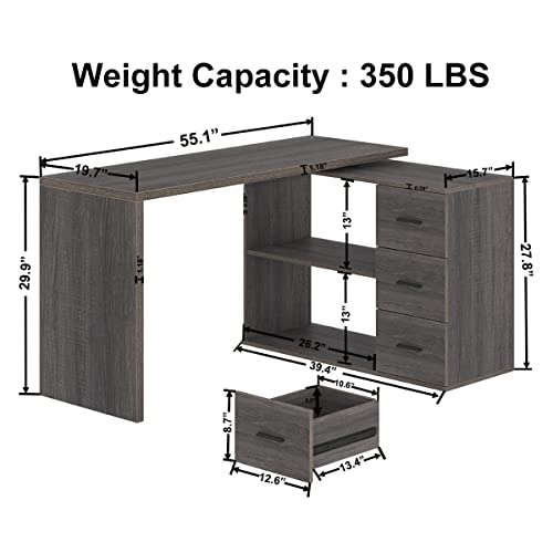 HSH L Shaped Computer Desk with Drawers, 360 Rotating, Industrial Home Office Desk - Dark Wood, 55 Inch