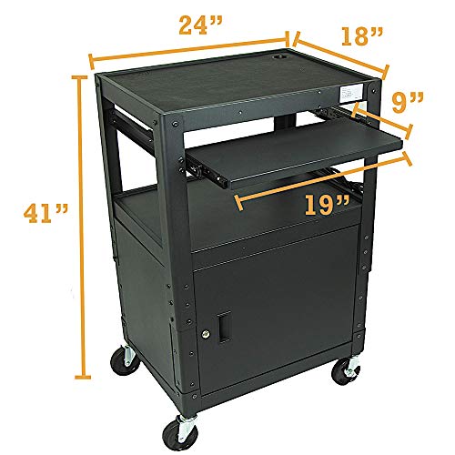 POCHAR Height Adjustable Steel Frame AV Cart with Keyboard Tray, Locking Cabinet, and 5ft 9in Power Strip