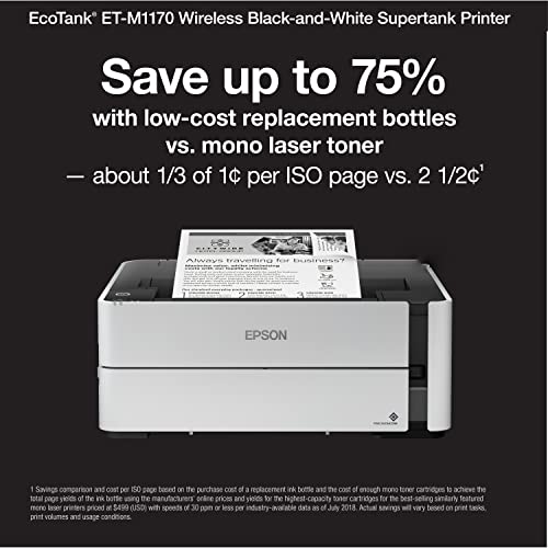 Epson EcoTank ET-M1170 Wireless Monochrome Supertank Printer, Plus Ethernet (Renewed)