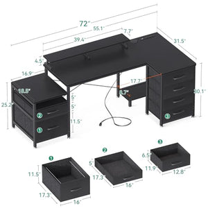 AODK L Shaped Computer Desk with File Drawers & Power Outlet, 72" Corner Desk - Black