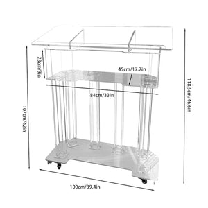 LAYIQDC Acrylic LED Podium with 3 Tiers, 6 Column Base, and Wide Middle Shelf (39.4" L x 17.7" W x 46.6")