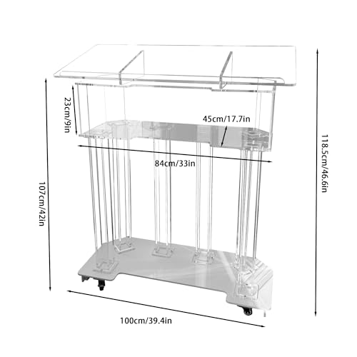 LAYIQDC Acrylic LED Podium with 3 Tiers, 6 Column Base, and Wide Middle Shelf (39.4" L x 17.7" W x 46.6")