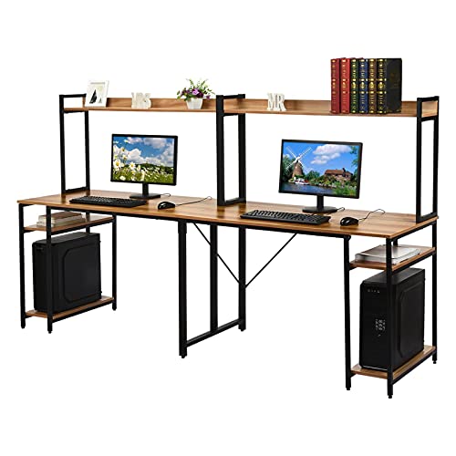 94.5 inches Computer Desk with Hutch, Extra Long Two Person Desk with Storage Shelves, Double Workstation Office Desk Table Study Writing Desk for Home Office (Brown)