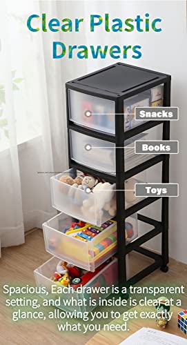 WAHHWF Tall Plastic Drawers Storage Cabinet Cart - Rolling Trolley with Clear Drawers and Wheels (Black, 5 Tier)